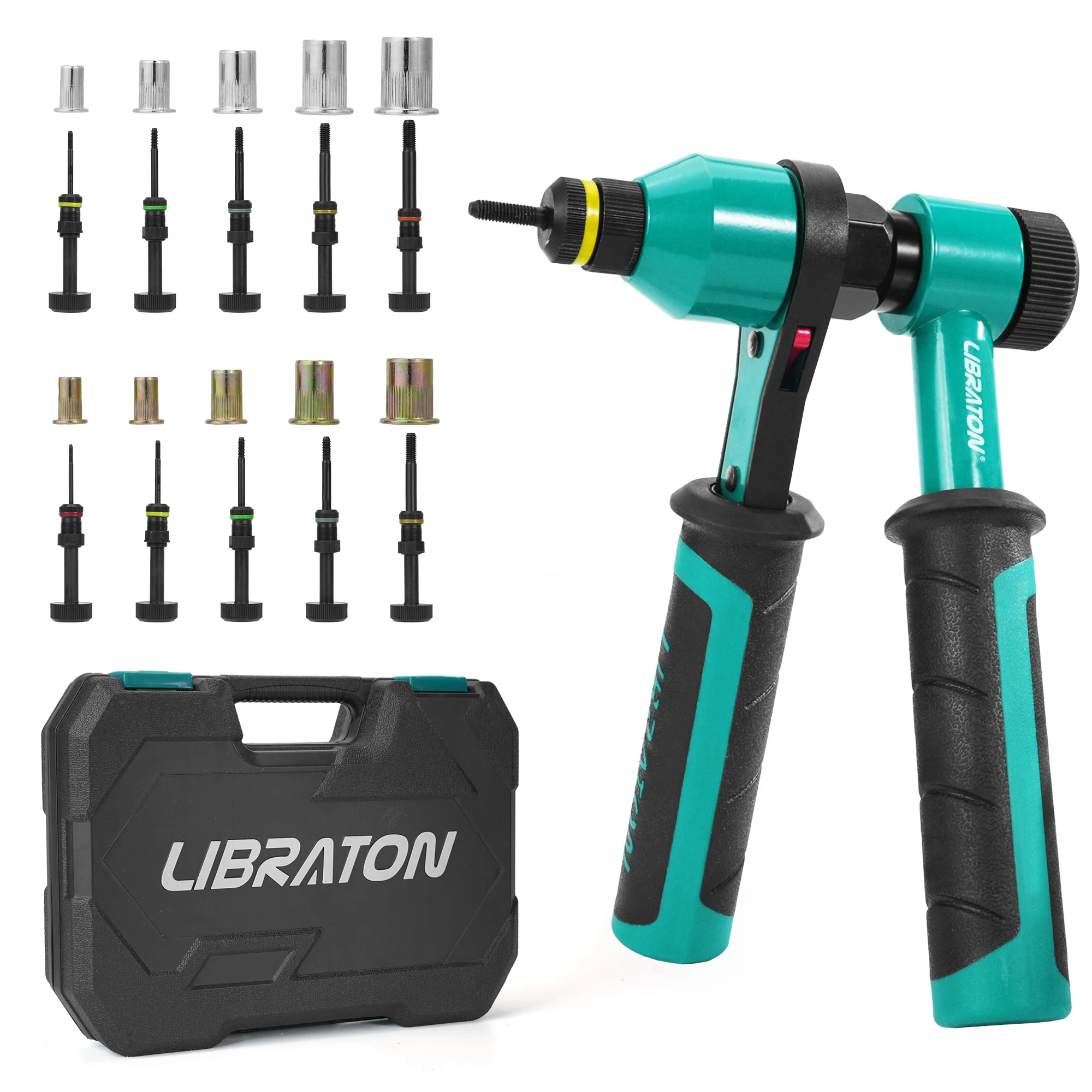 Professional Heavy-Duty Rivet Gun, One-Handed Pop Rivet Gun Set Robust Riveter with Shaft Container, Manual Riveting Tool, Tool-Free Interchangeable Heads, for Metal, Wood, and Plastic
