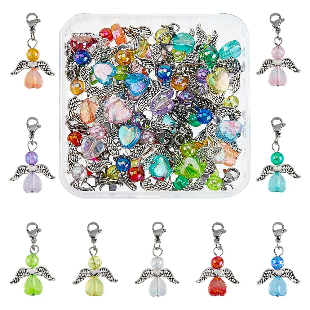 36Pcs 9 Colors Transparent Acrylic Angel Charm Decorations with 304 Stainless Steel Lobster Claw Clasps Mixed Color 33mm