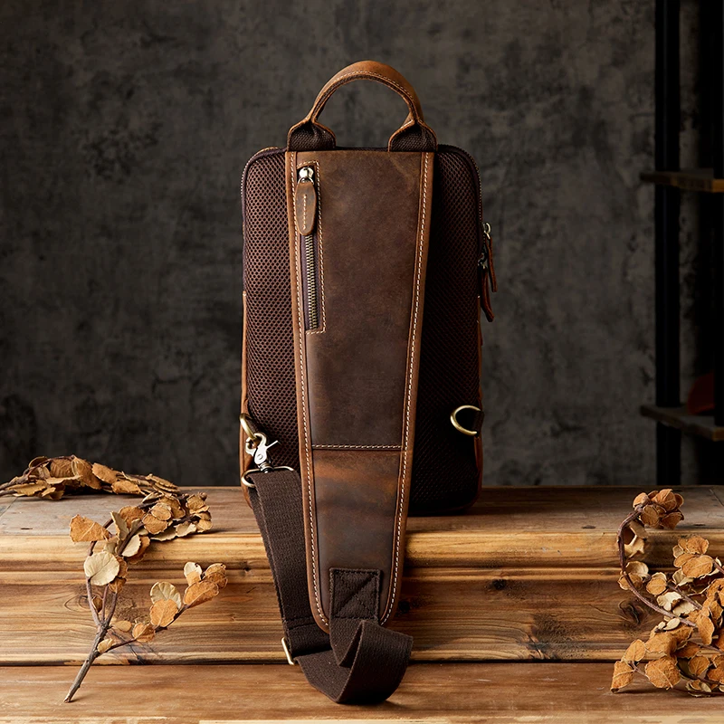 High Quality Handmade Vintage Crazy Horse Leather Chest Bag Men Fashion Genuine Leather Shoulder Sling Bag Large Capacity Pack