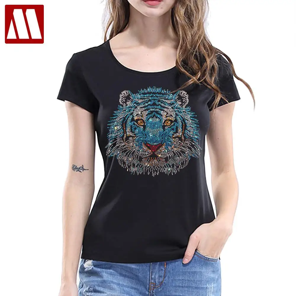 Plus 5XL 2024 Summer Lady Cute Tiger Dimaonds Printed Short Sleeve T-shirt Women Cotton Designed Round Neck T shirts Female Tops