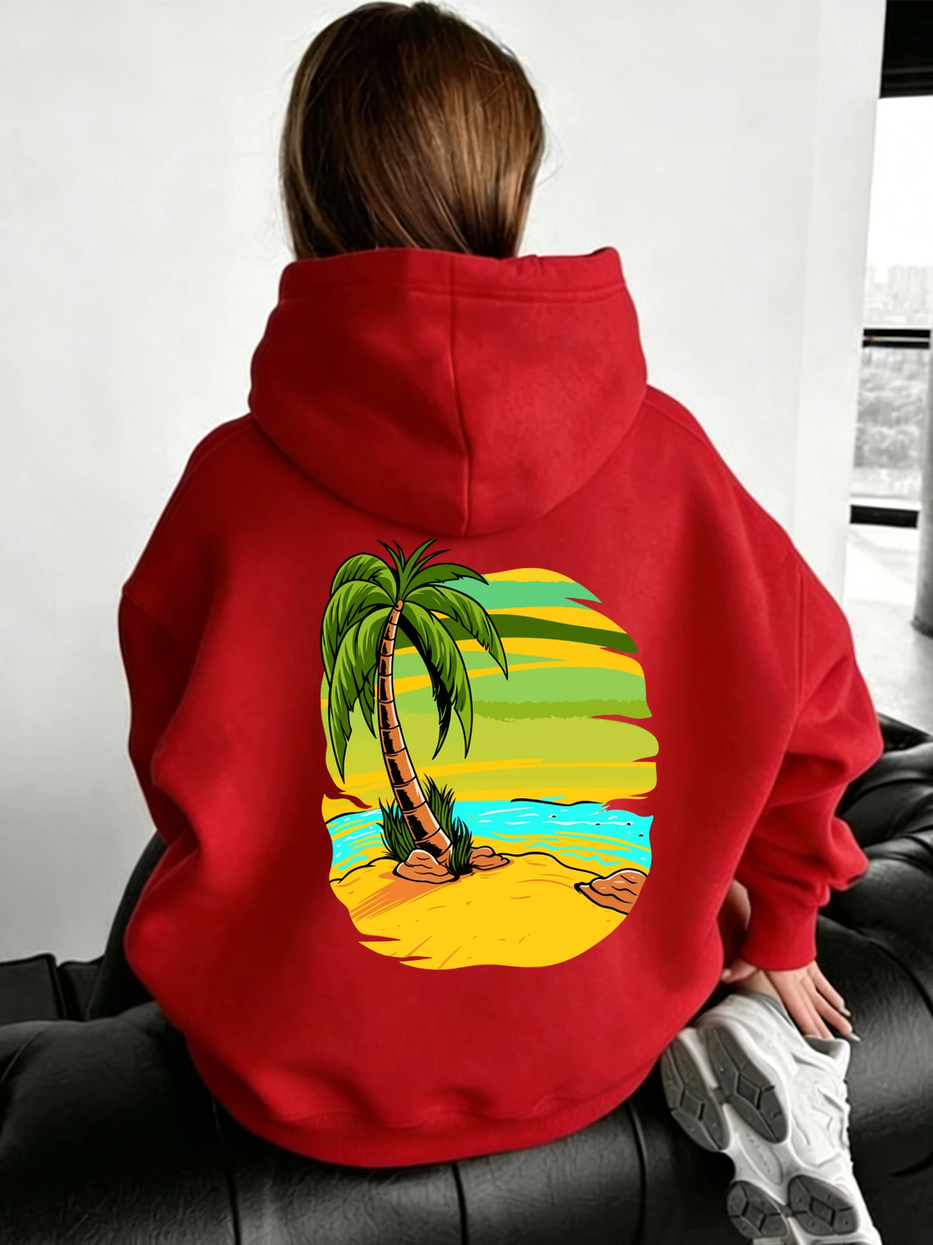 Beach Palm Tree Print Women'S Hoodies Pocket Running Sportswear Fleece Loose Female Pullover Autumn Comfortable Y2K Hoody