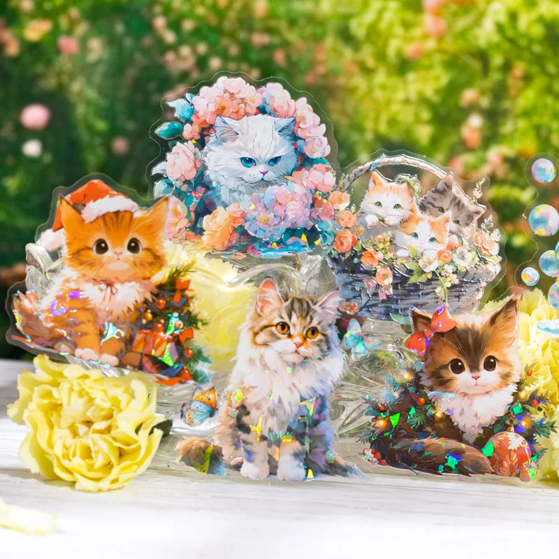 10pcs/pack Kawaii Cats playing Stickers PET Materials DIY Scrapbooking Materials Collage Junk Journal Decor Stickers