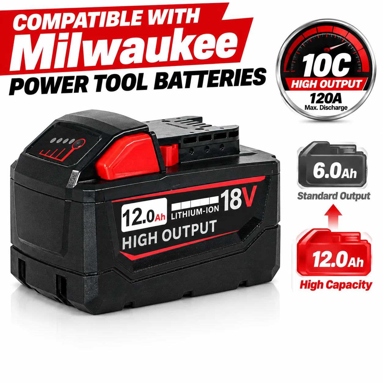 Replacement Battery 12.0Ah M18 18V 10C High Discharge  for Milwaukee, Li-ion Power Tool Battery Pack, Replace 48-11-1850 48-11-1890 48-11-1860 48-11-1812 48-11-1862 48-11-1880, 2/4/6 Pack