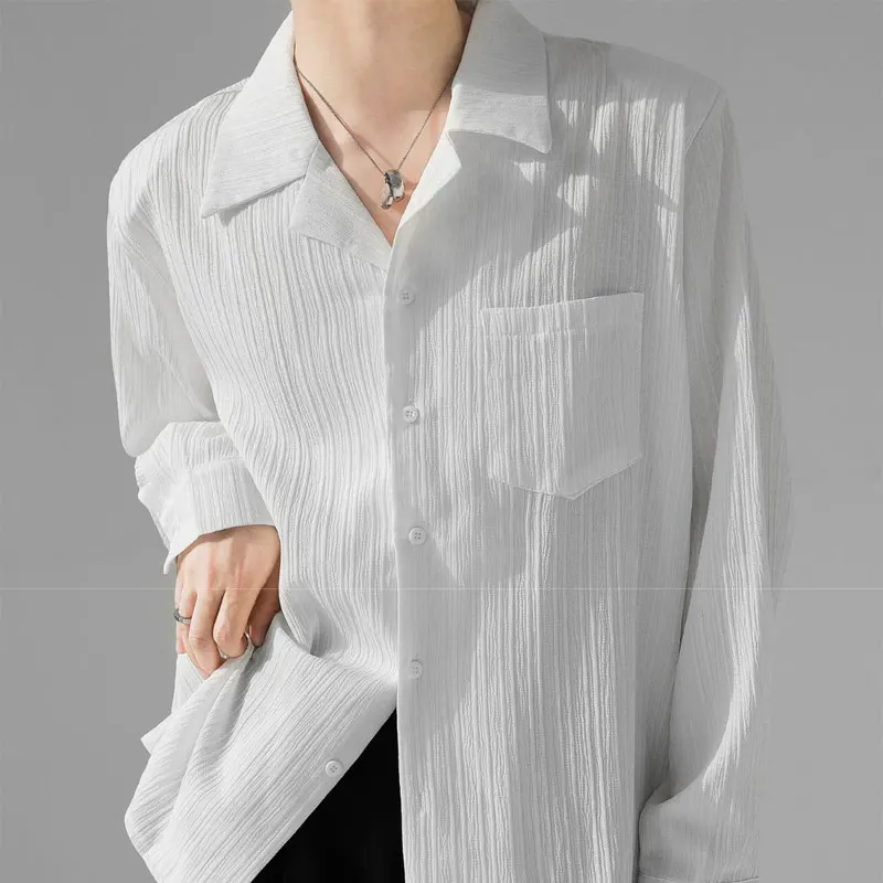 Commute Folds Texture Sensation Blouse Loose Korean Solid Color Female Spring Autumn Tailored Collar Basic Neutral Pockets Shirt