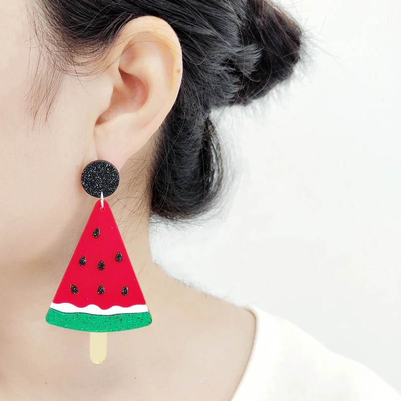 Summer Watermelon Drop Earring for Women Fashion Red Green Glitter Acrylic Fruit HipHop Jewelry Accessories