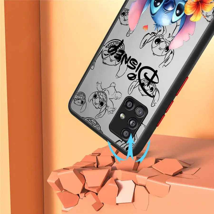 Matte Case For Samsung Galaxy A54 A52 A14 A53 A34 A13 A12 A32 A21s A23 A51 A33 A71 Phone Cover Black Shell Cute Cartoon Stitch