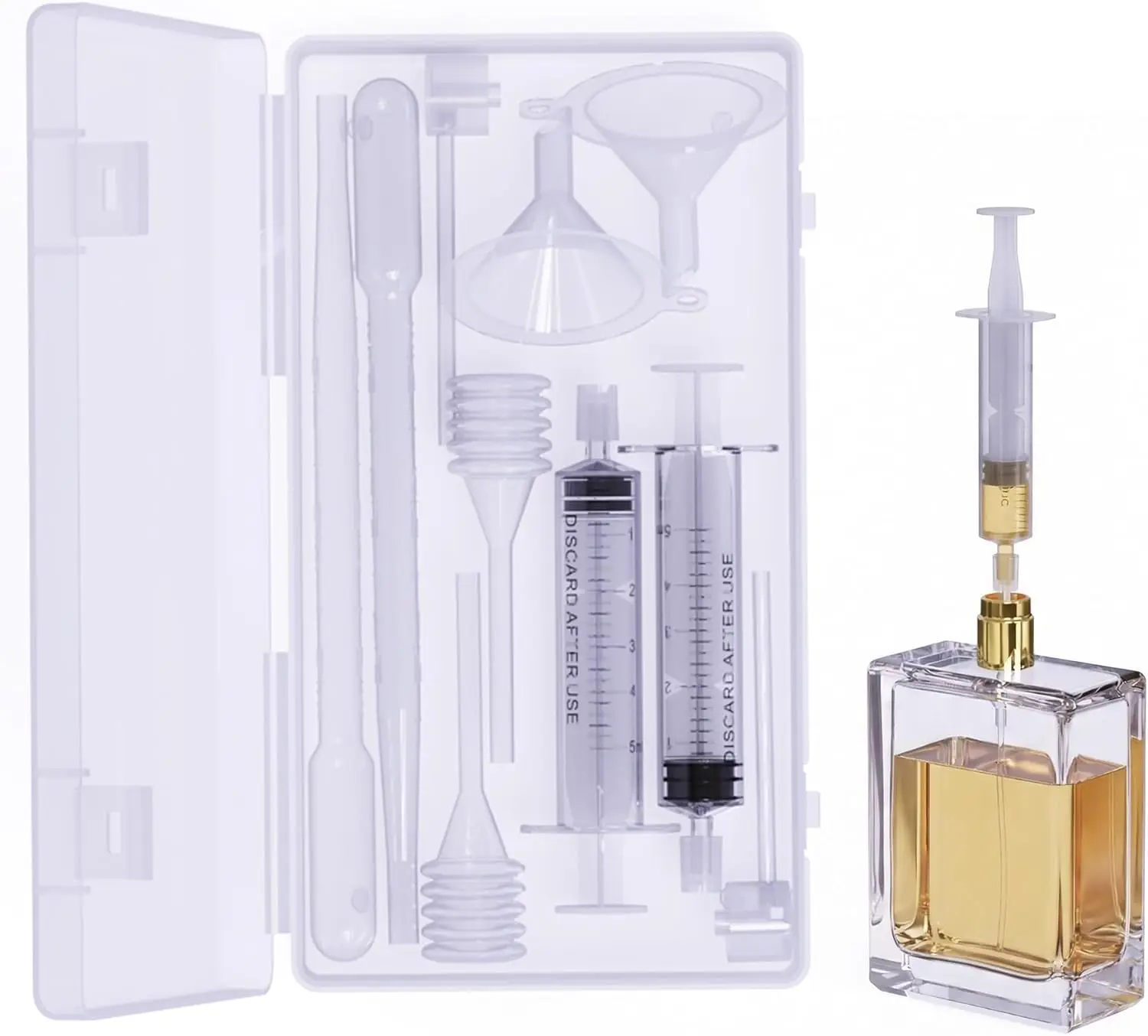 Perfume refill set with storage box - includes transfer pump, syringe extractor, funnel, travel bottle refill dropper