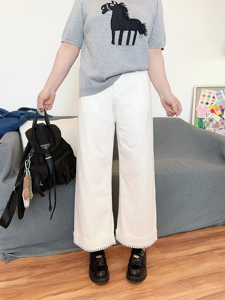 

Новые белые джинсы свободного кроя с прямыми штанинами, высокой талией, из хлопка, женские, весна-лето, модные, больших размеров, для полных фигур