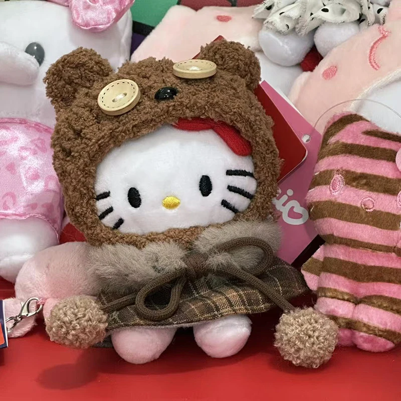 Kawaii Sanrios Hellokittys Plush Keychains Cute Dress Design with Teddy Bear Keyring Pendant Bag Hanging Accessories Girls Gifts