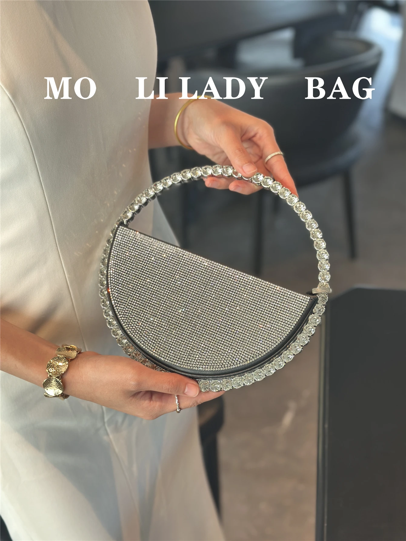 

Shiny Diamond Half Circle Box Bag Clutch for Evening Party Mobile Phone Women's Handbag Fashionable Elegant Women's Purse