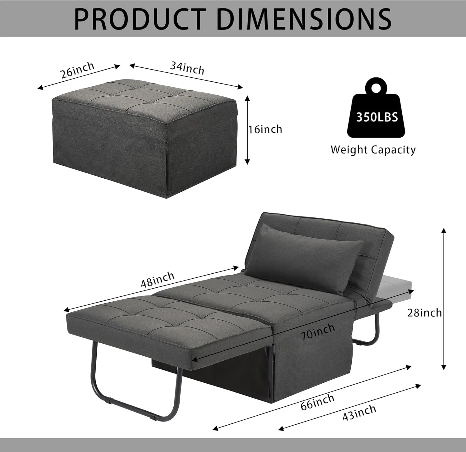 Tempat tidur Sofa, 4 dalam 1 multi-fungsi lipat Ottoman bernapas Sofa Linen dengan sandaran yang dapat disesuaikan kursi Convertible Modern untuk