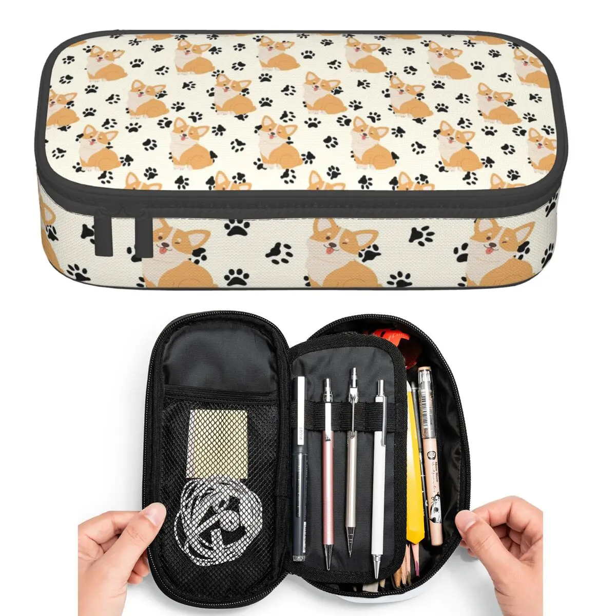 Cute Corgis And Footprint Pattern Pencil Cases for Student Pen Box Pencil Bag Large Capacity Pencil Pouch Pen Holder