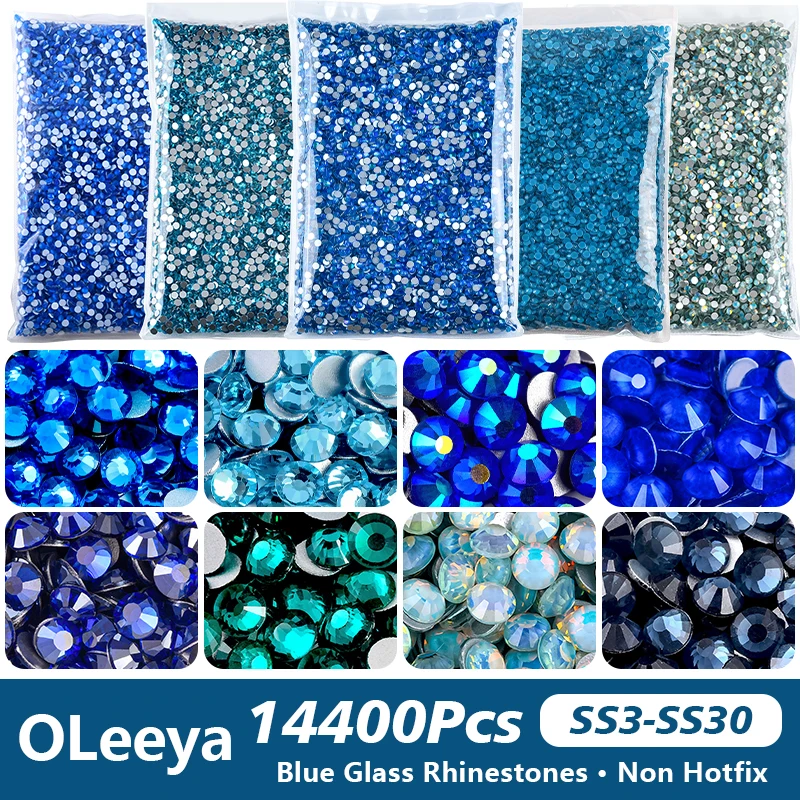 

OLeeya WholeSale Blue SS3-SS30 Glass Flat Back Rhinestones Glitter Non Hotfix Strass Stones Nail Art Diamond Garment Decorations