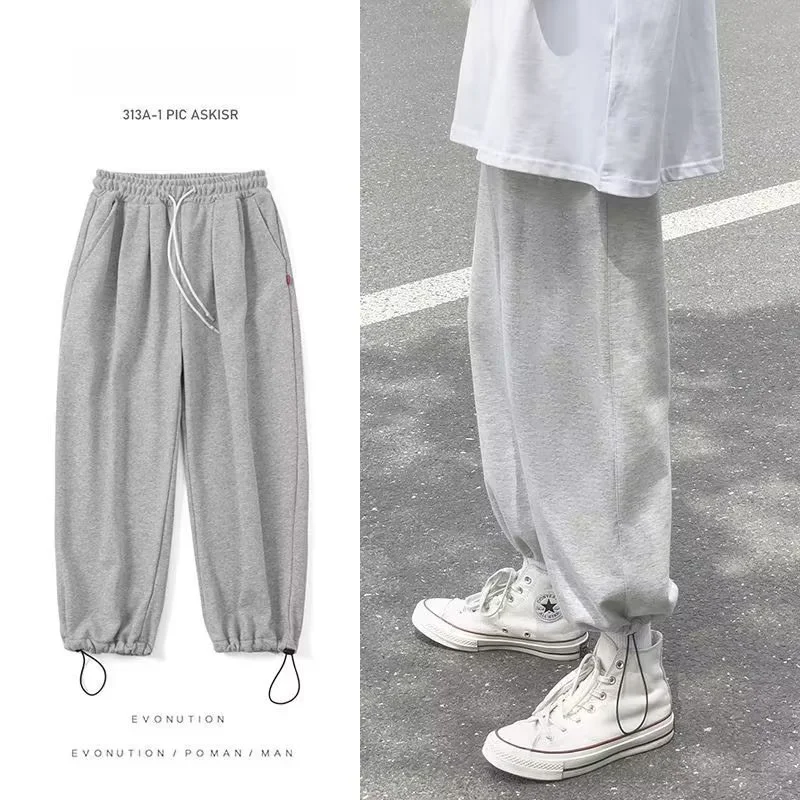 

Men Trendy Gray Sports Pants Winter American Style Bottoming Casual Pants Fiber Mixed Materials Mid-waist Design Young Men