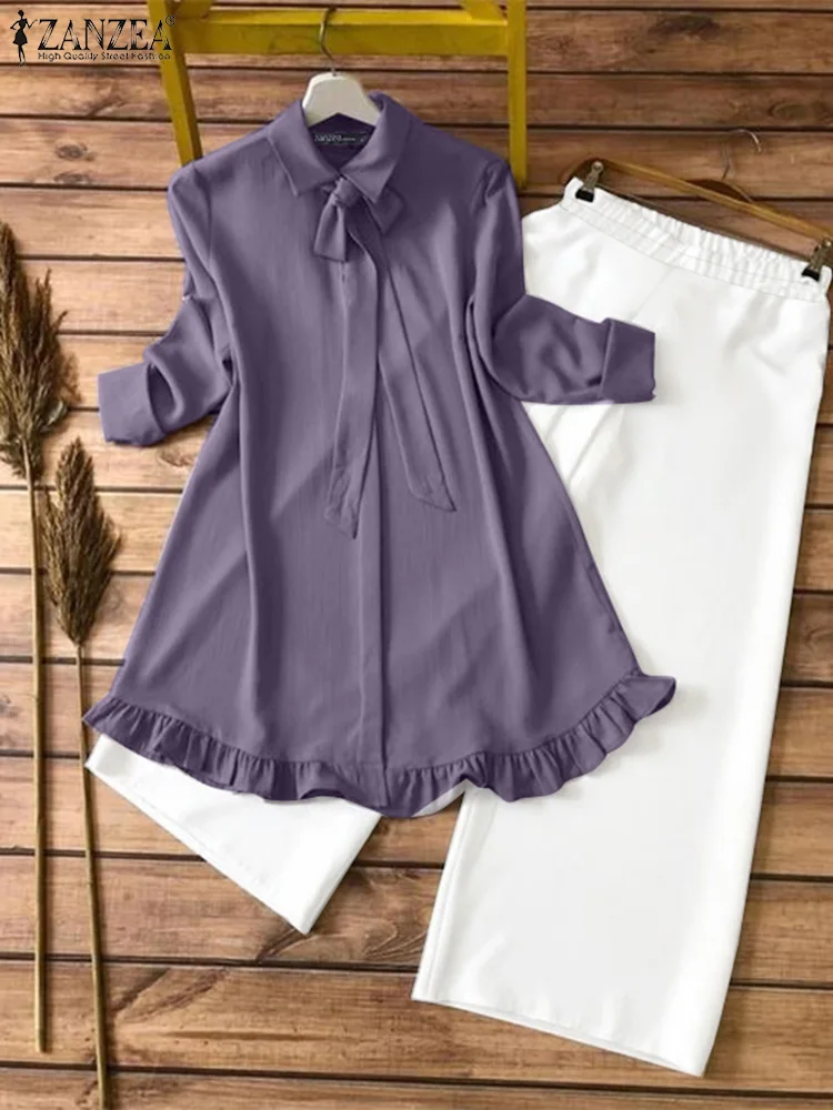 

ZANZEA Women Pant Sets 2025 Fashion Two-piece Outfits Solid Long Sleeve Bow Tie Elegant Tops Long Pants Casual Matching Sets