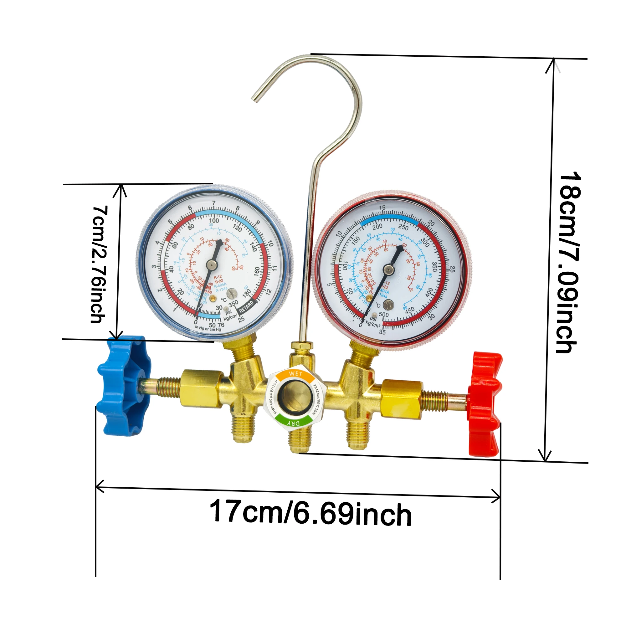 AC Manifold Gauge Set for R12, R22, R404A, R134a w/ Hoses & Hook - 3-Way A/C Diagnostic Tool