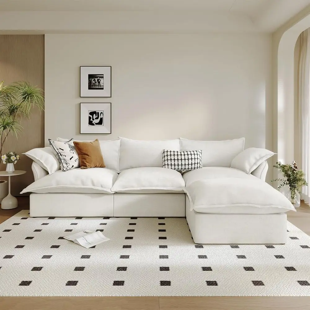 

Large L-Shaped Sectional Sofa with Detachable Covers, 4 Seater, Ottoman Included, Cream White