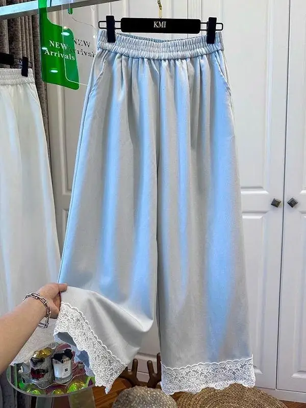 plus Size Casual Pants Women's Summer Loose Slimming Nine Points Wide Leg Pants Lace Trim High Waist Elastic Waist Straight Leg