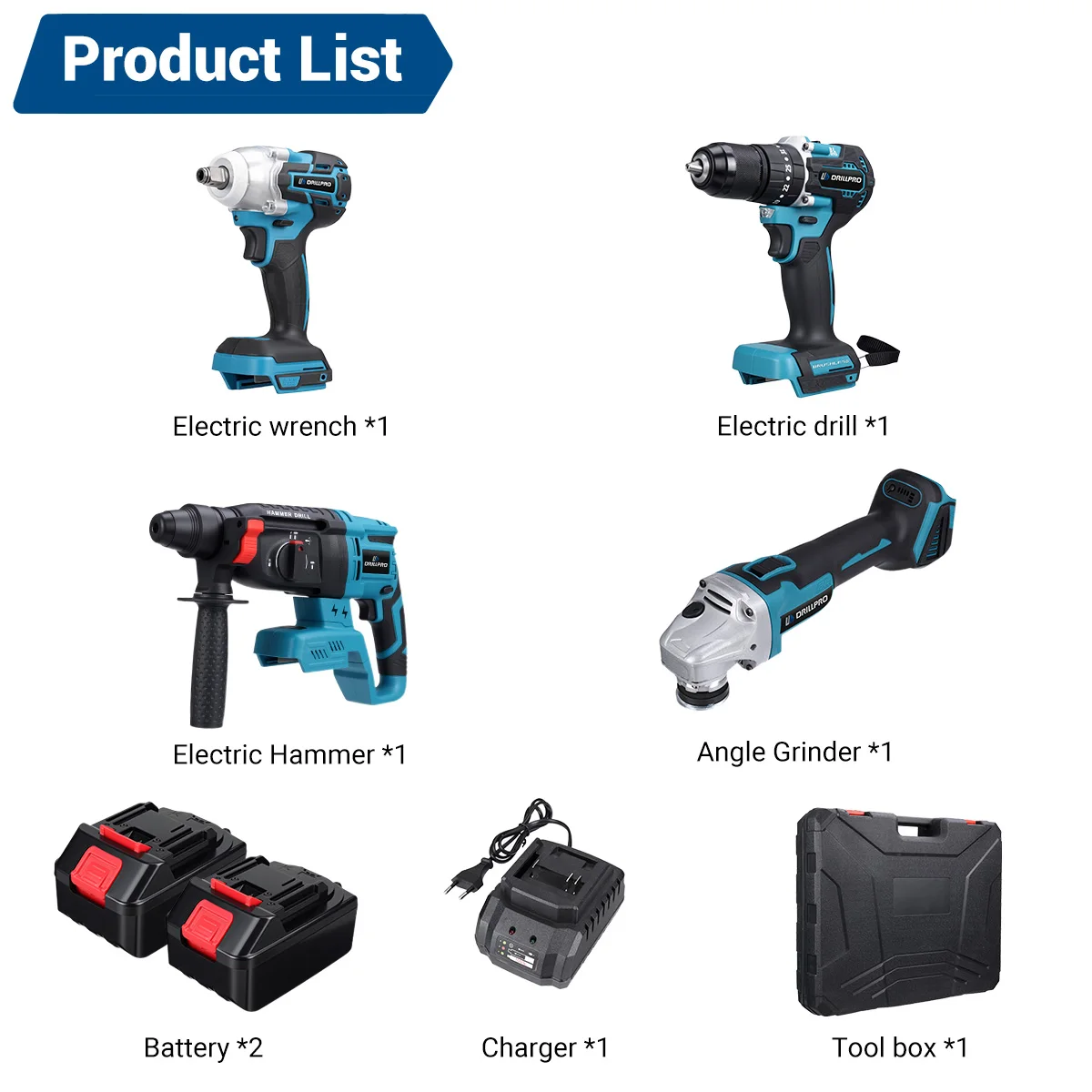 Drillpro Bürstenloser Akku-Elektrowerkzeugsatz 125mm Winkelschleifer Elektrohammer 10mm Schlagbohrmaschine 800N.m Elektroschrauber – Detail 11