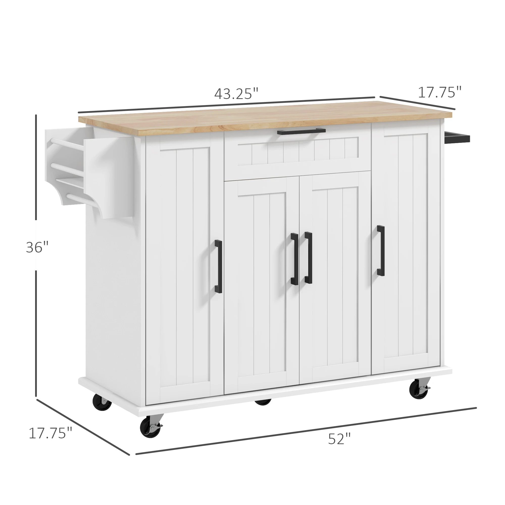 Homcom Kitchen Island on Wheels, Kitchen Cart with Solid Wood Top, White