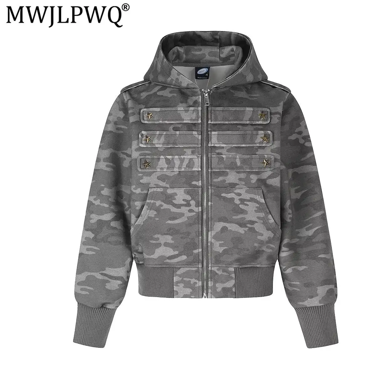 MWJLPWQ American Style Retro Camouflage Hoodie Men's Metal Decorate Spliced Design Street Short Sweatershirt 2026 Autumn 20290
