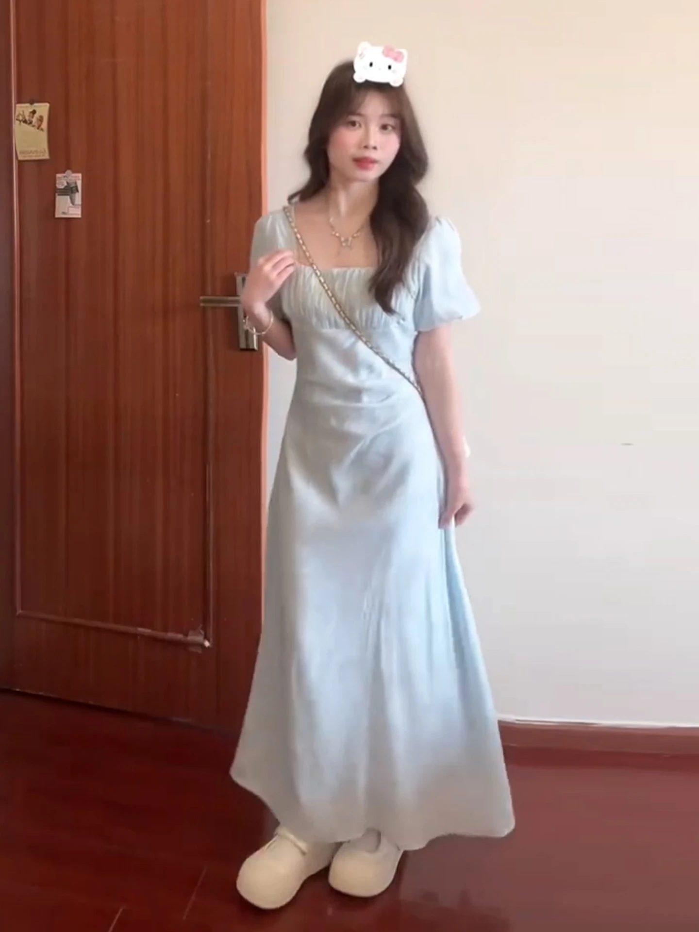 Blue Square Collar ort Sve Dr Women's Summer New Sle High-End Unique Beautiful Long Dr Floral Print A-Line Skirt