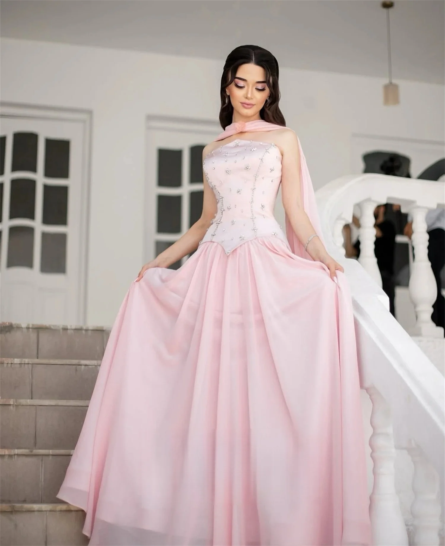 

Pink Chiffon Beaded Bespoke Occasion Gown Long Evening Dresses Pastrol Unisex Jersey Retro Dubai Saudi Arabic Prom Customized