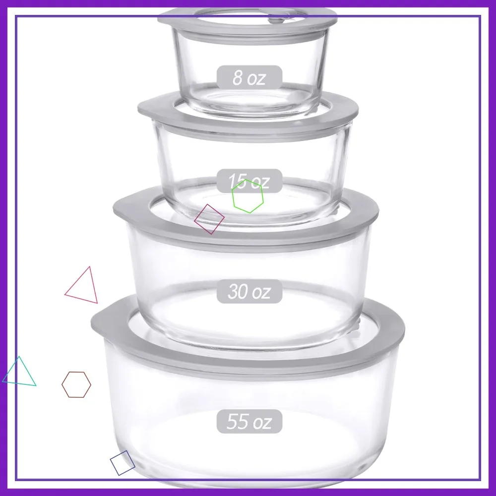 

Glass Food Containers with Lids, Microwave Safe, Leak Proof, Large 4 Pack Round Shape for Meal Prep and Storage