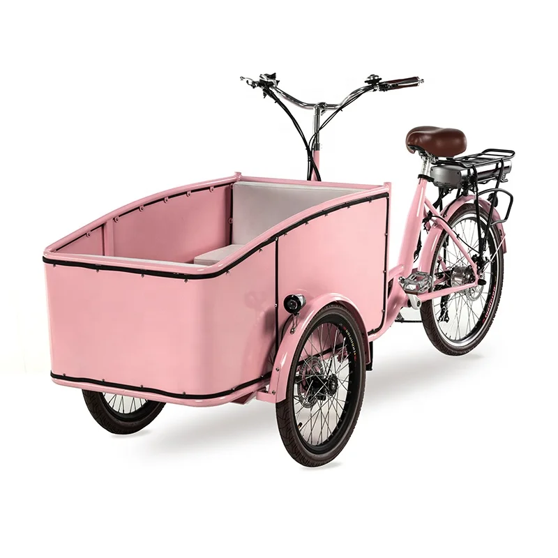 Bicicleta de carga eléctrica de color rosa, viaje corto