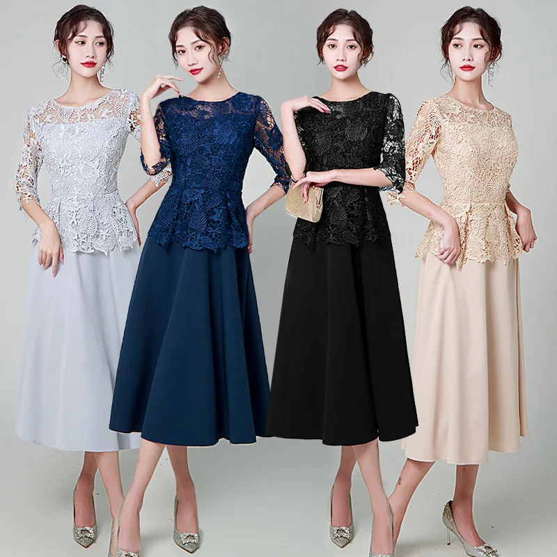 Tea Length Mother Evening Dresses Navy Blue Plus Size Mother Of The Bride Dress With Sleeves