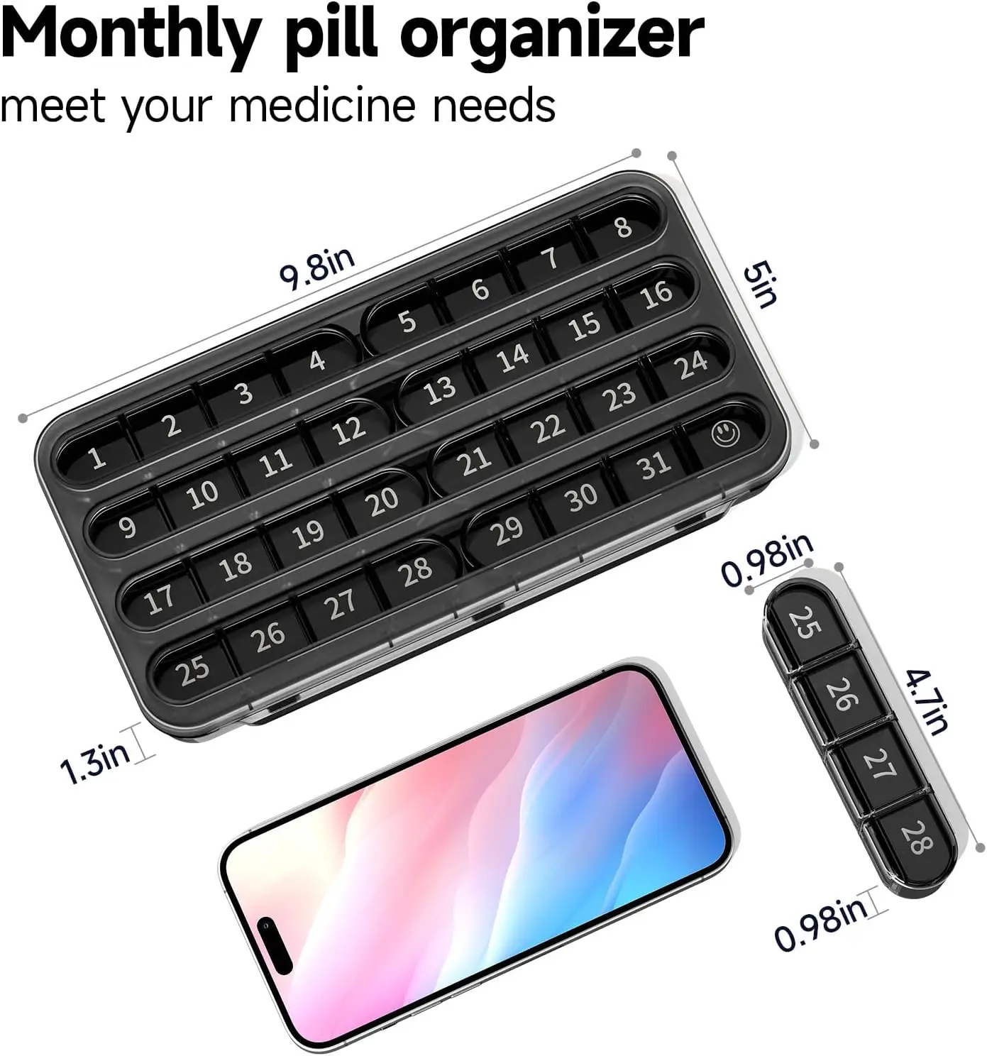 One Month Large Daily Pill Box 31 Independent Slots Single Dose Design, Portable Travel Monthly Pill Organizer for Supplements