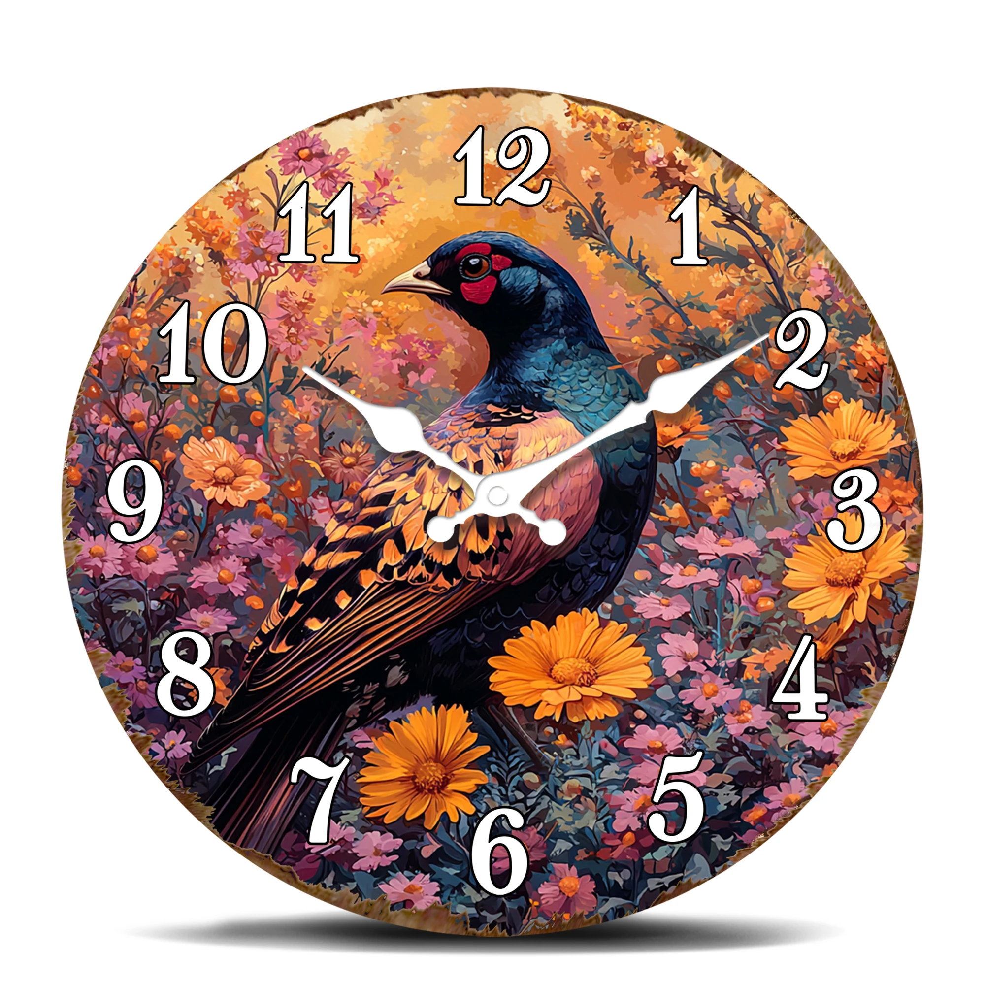 Pheasant in Floral Garden Round Wall Clock, Wild Bird Nature Decor, Water-resistant Anti-fog Glass Cover Decorative Wall Timepie