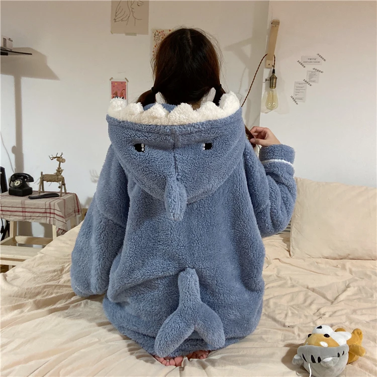 

Cartoon Shark Women's Pajama Set Hooded Warm Winte Ladies Homesuit 2 Pieces Set Wiht Pant Fleece Pijama Suit For Female