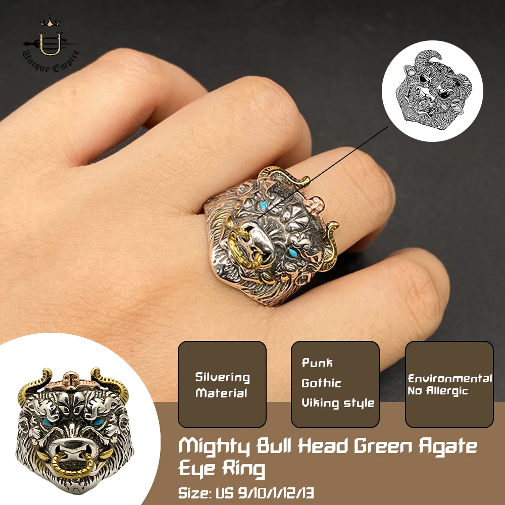 

Trendy Men's Punk Bull Head Ring with Red Agate Animal Eye Design Motorcycle Band Jewelry