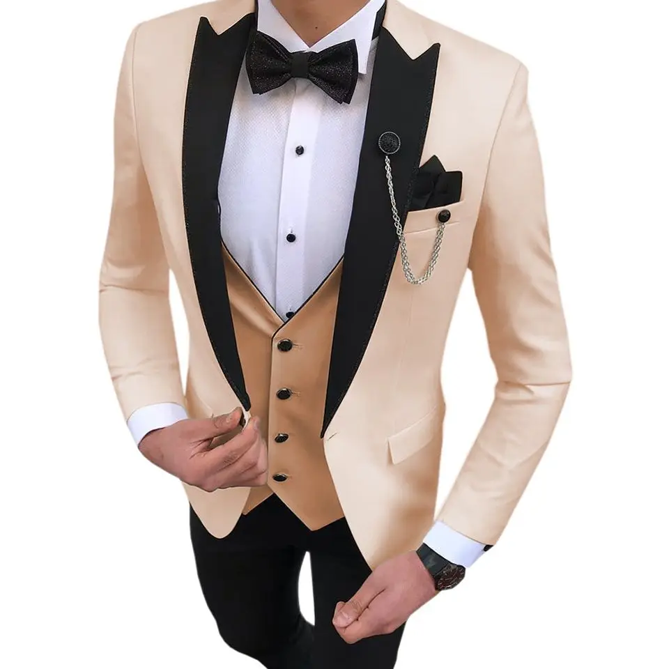 Burgundy Men's Suit Black Lapel One Button Suit Business Wedding Tuxedo Prom Party Casual Suit 3 Piece Blazer + Vest + Pants