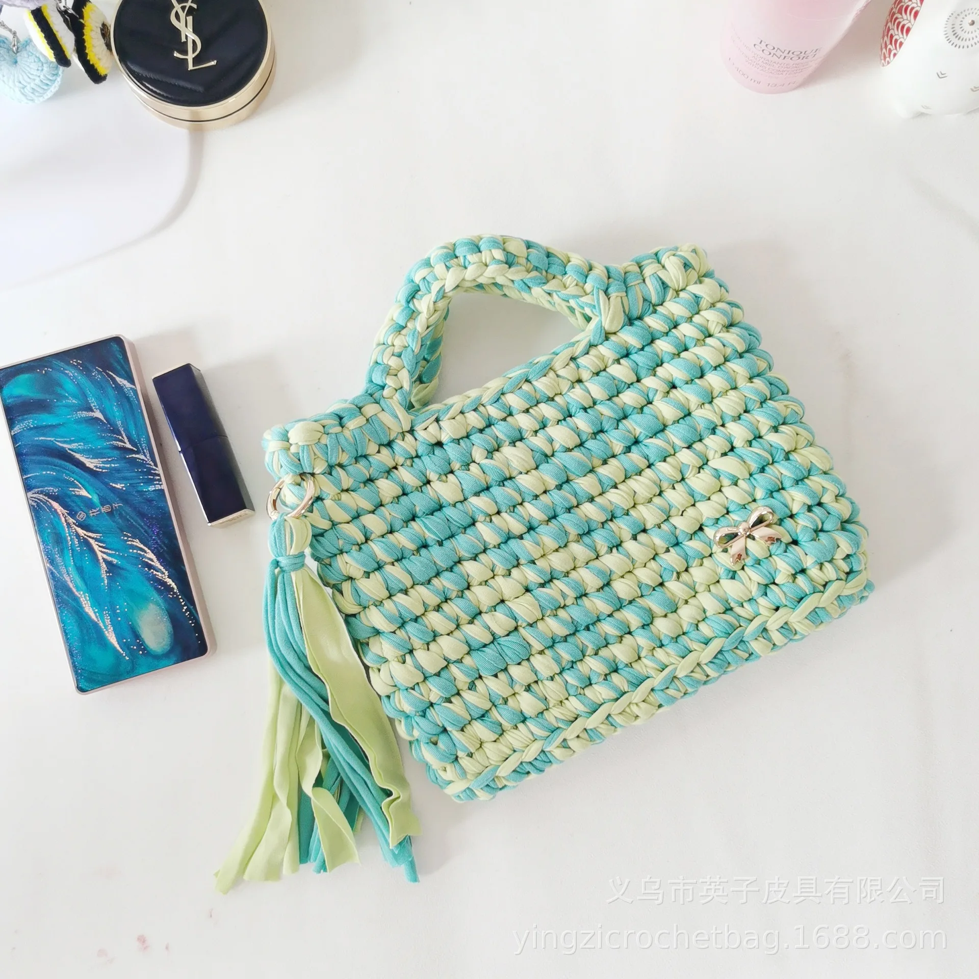 2024 New Handmade Finished Fabric Crochet Square Bag with Contrasting Tassel Handbag luxury designer purse bags for women