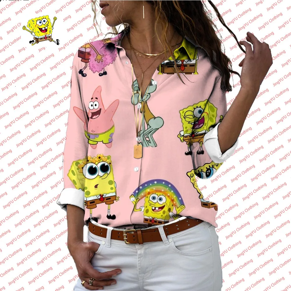 Camisa estampada com padrão de Bob Esponja feminina, lapela, manga comprida, peito único, casual, com todos os fósforos, Y2K, moda, novo, 2024