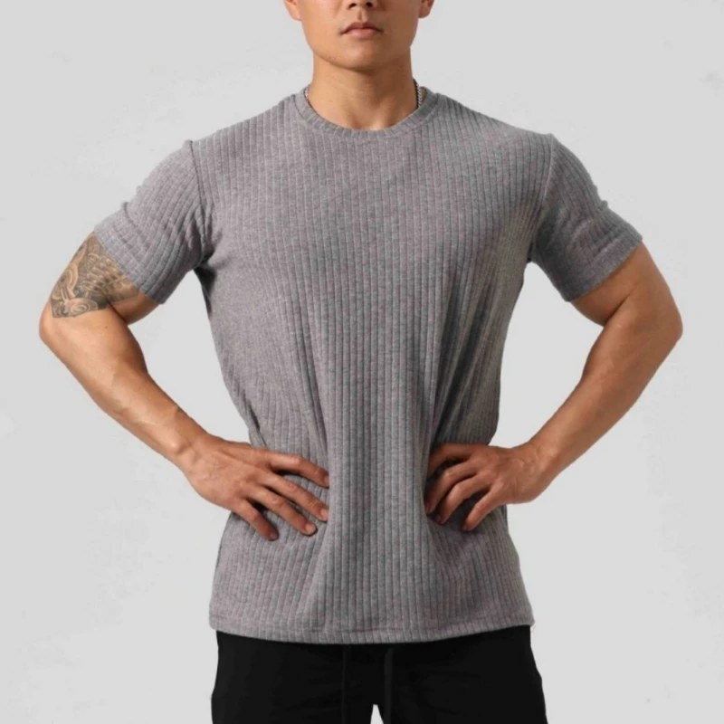 Men's Summer Ribbed Gym T-Shirt Slim Fit Cuffed Short Sleeve Knit Casual Fitness Workout Training Muscle Tee Top New