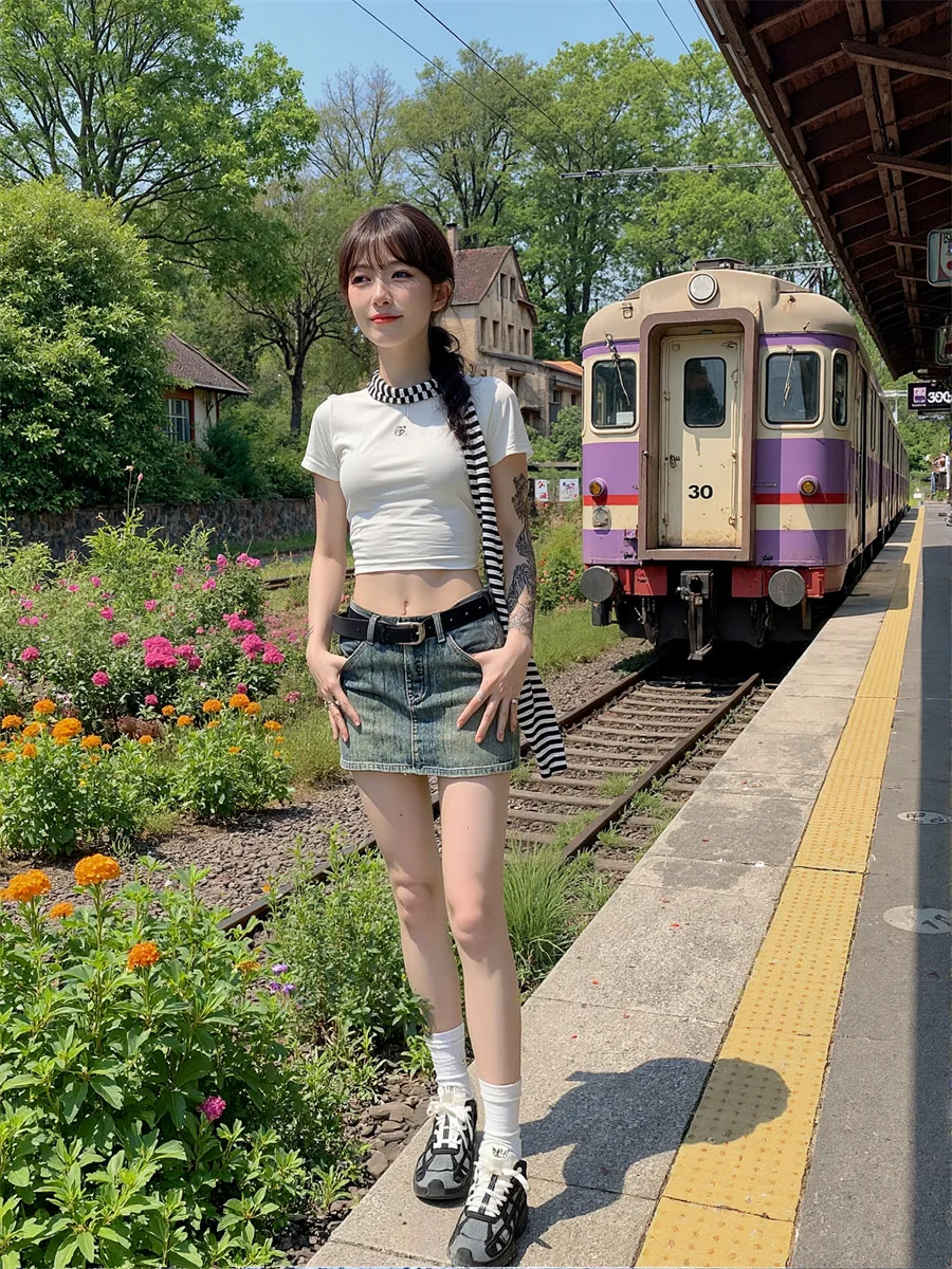 

Denim Mini Skirts Womens Artistic Boho Patchwork Fringe Unique Flowy Festival Holiday Pleats Layered Classic Applique Blended