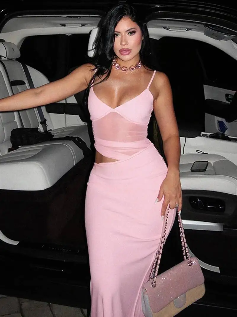 DGLUKE Schwarz Mesh Patchwork Lange Kleider Für Frauen Sexy Cut Out Maxi Sommer Weiß Backless Bodycon Party Kleid Nachtclub