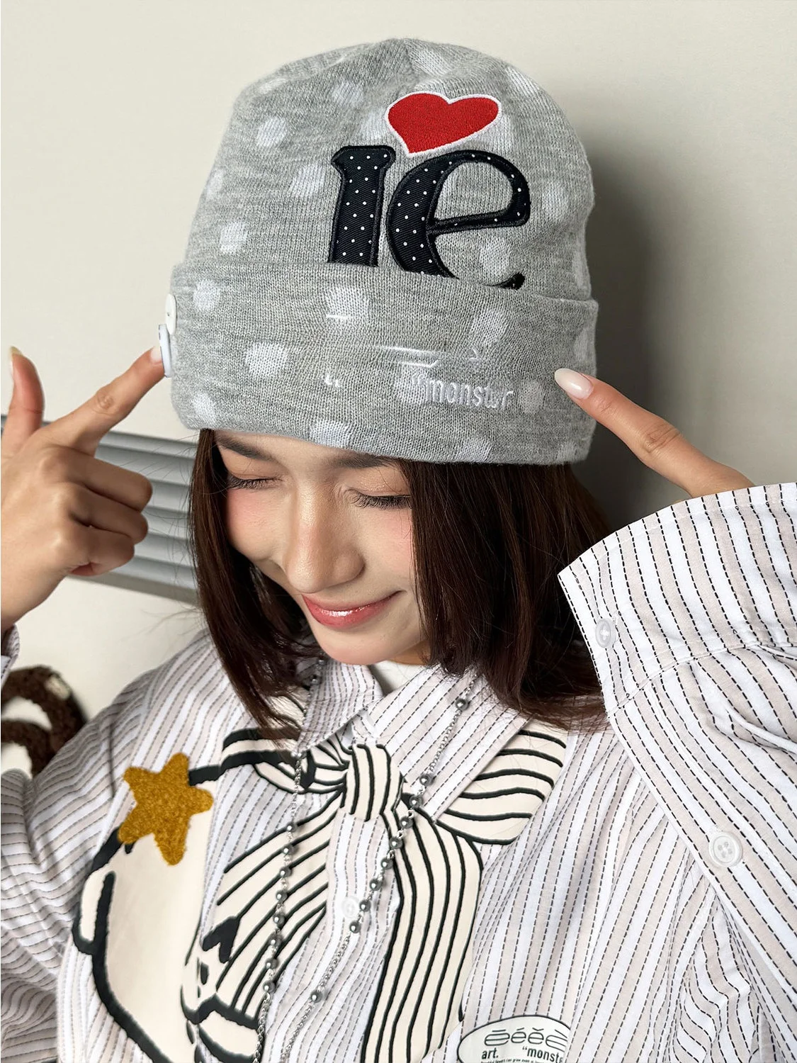 EeAronster Knitted Hat Embroidered Polka Dot Letter Pattern Casual Style Four Seasons Universal round Top Cap for Men And Women