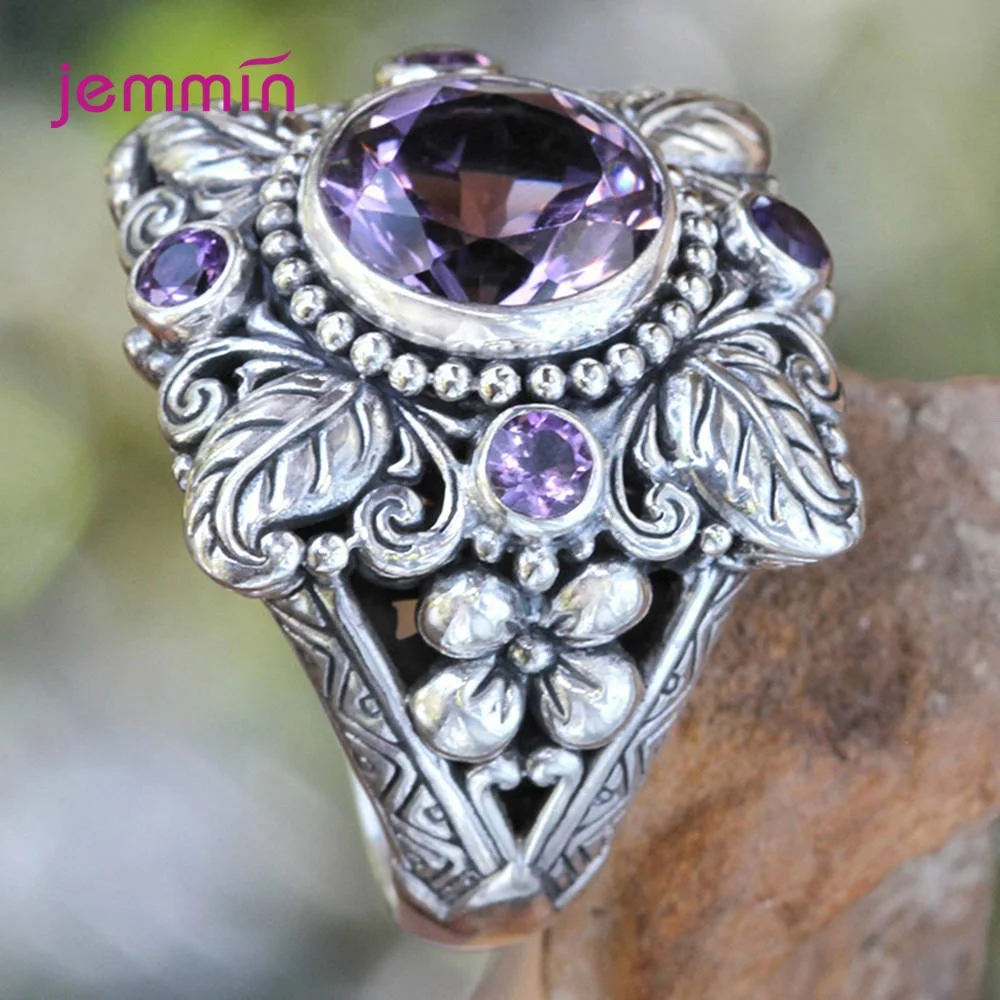 Punk Style Vintage 100% kwiat 925 srebro okrągły naturalny ametyst ślubne pierścionki zaręczynowe dla kobiet Fine Jewelry — zdjęcie 3