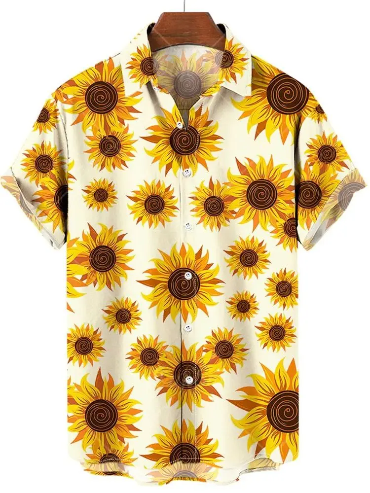 Men's Flower Print Single-Breasted Shirt Fashion Urban Style Short Sleeve Loose Fit Polyester Fiber Casual Shirt for Daily Use