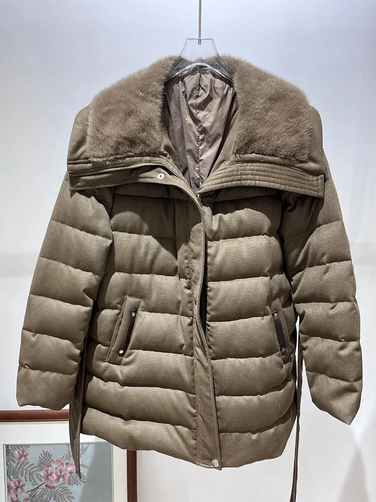 2025 Women Winter Warm Goose Down Jacket Real Mink Fur Collar Cashmere Wool Jackets Thick Cusual Female Puffer Jackets
