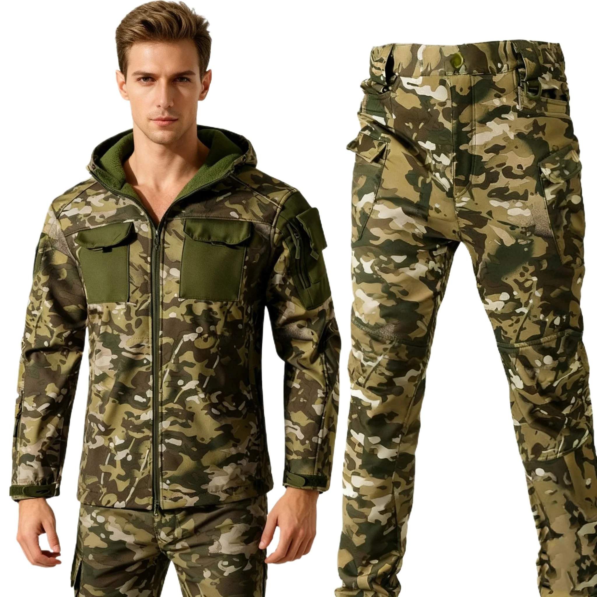 Camouflage Shark Skin Softshell Jacket Pants Set Men's Waterproof Windproof Thermal Military Tactical Outdoor Winter Man Set