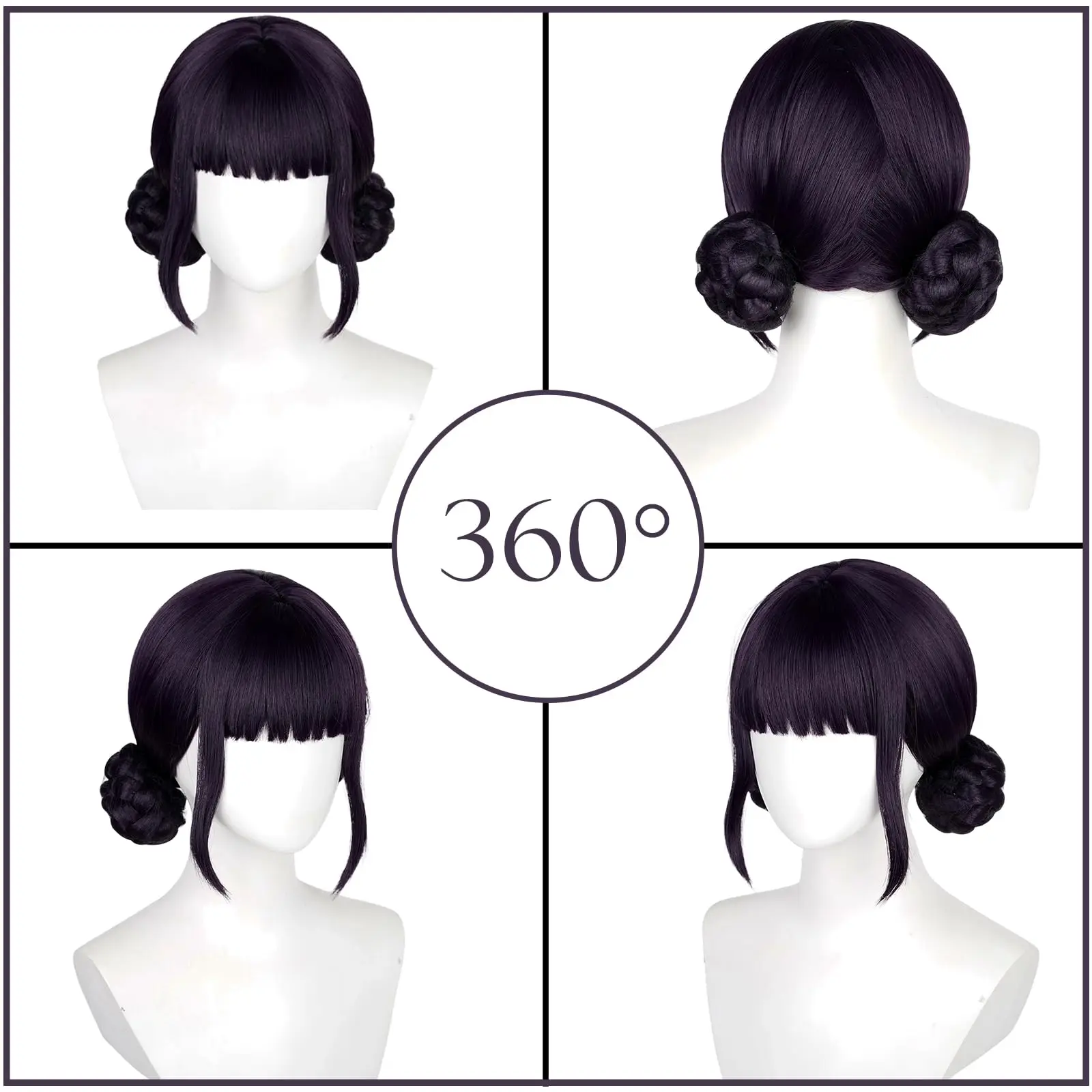 映画&アニメキャラクターコスプレウィッグ、黒紫ダブルバン合成ウィッグ、ストレートバングス編み込みバンウィッグ、コスプレやパーティー用