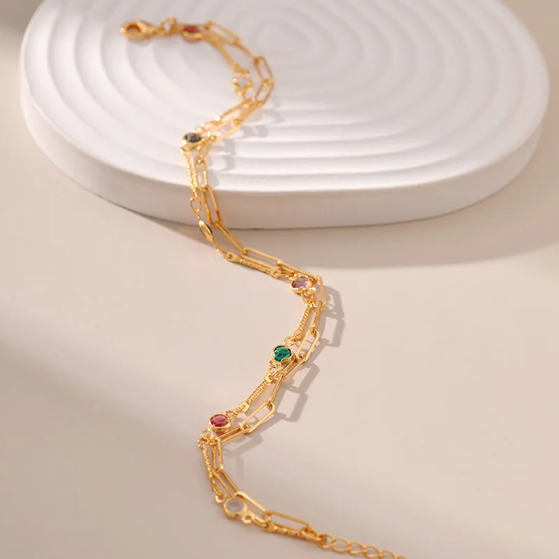 Fashion Candy Colored Crystal Anklets for Women 18k Gold Plated Double U Shaped Link Chain Metal OL Lady European Jewelry