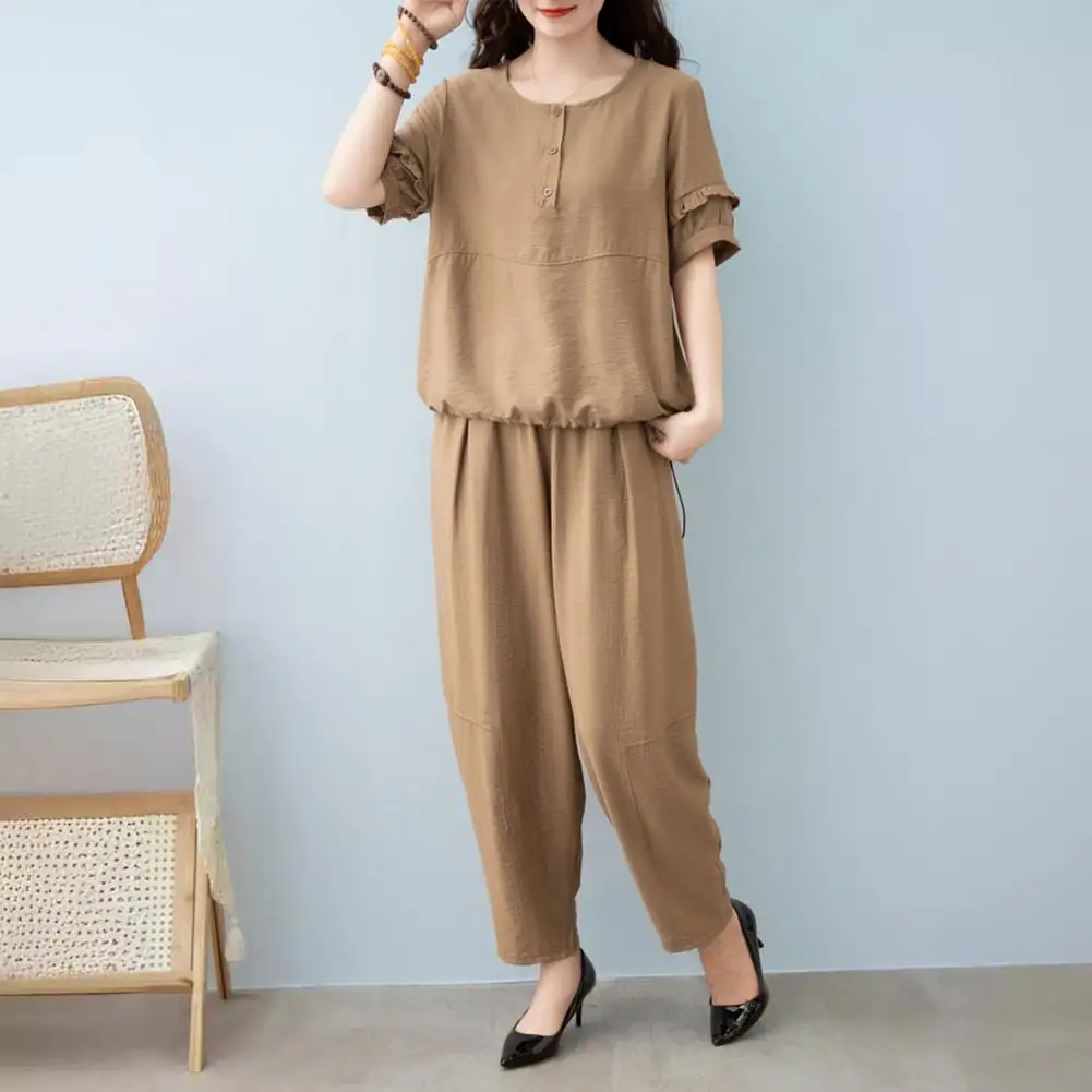 

Casual Solid Slim Suit Elegant Round Neck Short-sleeved Pullover Tops Elastic Waist Trousers Two Piece Set Summer Loose Suit