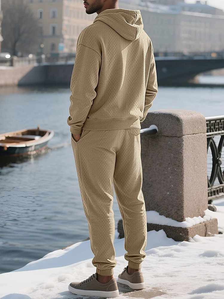 Chándales para deportes al aire libre para hombre, sudaderas con capucha y pantalones de manga larga con textura a la moda, trajes de dos piezas, trajes informales para Otoño e Invierno para hombre