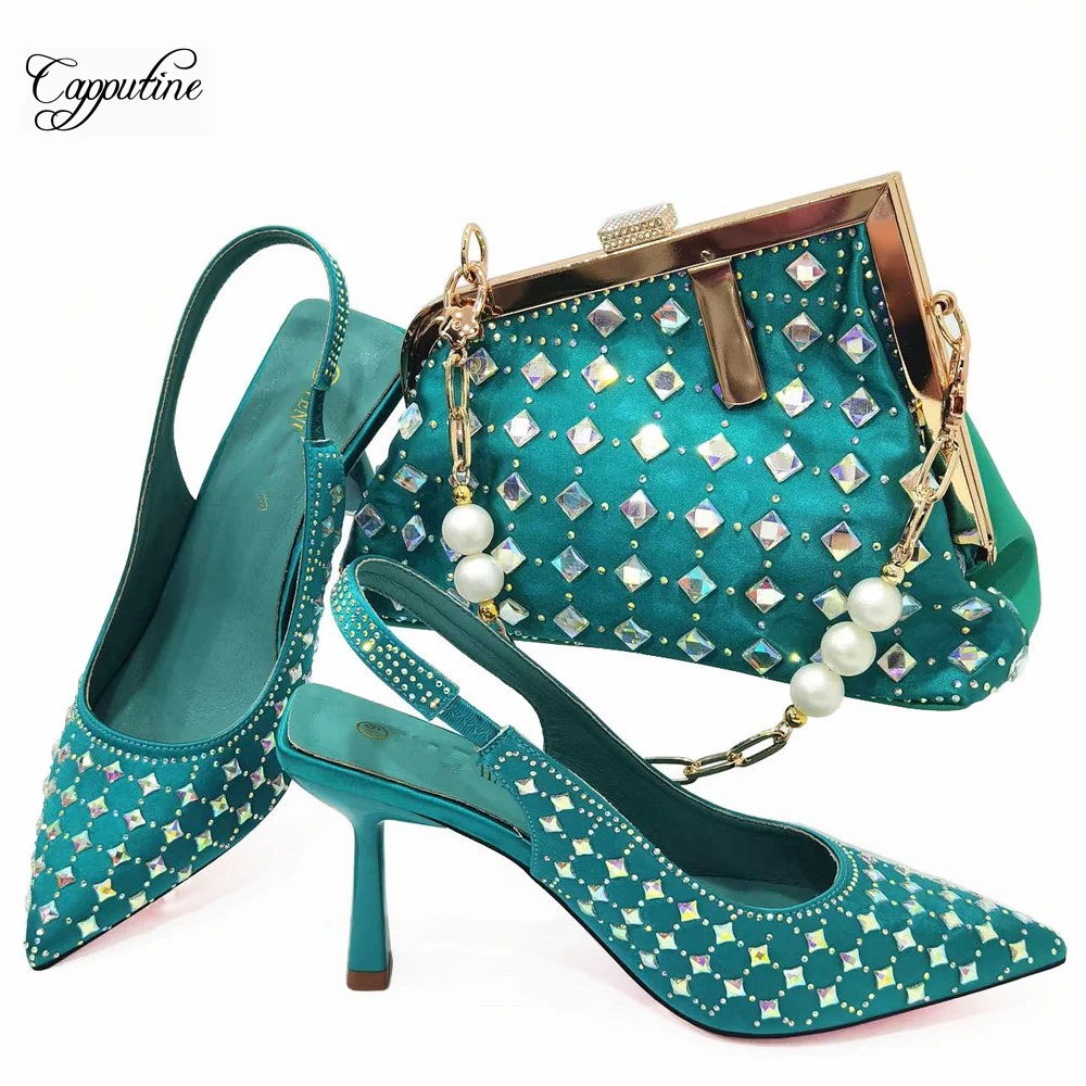 

Teal Woman Shoes And Bag Set Luxury African Stones Pumps Match With Handbag Fashion Ladies Sandals Escarpins Femme CR387